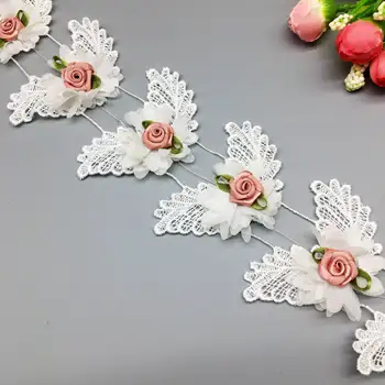 1 yard 3D White Flower Čipky Šaty pre Nevesty, Svadobné Čipkou Trim Nášivka Páse s nástrojmi Vyšívané Textílie Šitie Plavidlá DIY Dekorácie