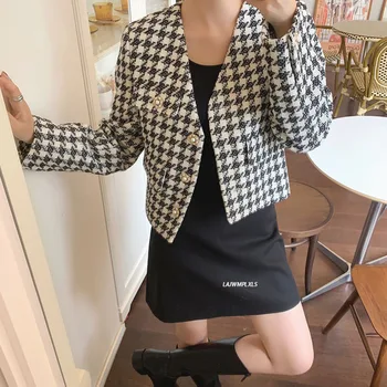 2021 Nové Žien Houndstooth Krátke Bundy Patria kórejské Eleganciu tvaru Rovno Voľné OL Žena je Coats Bežné Outwear Topy