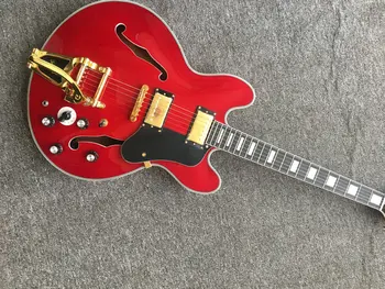 Doprava zadarmo Nové kvalitné červené duté telo jazz guitar bigsby gitara čiastočne duté jazz elektrická gitara