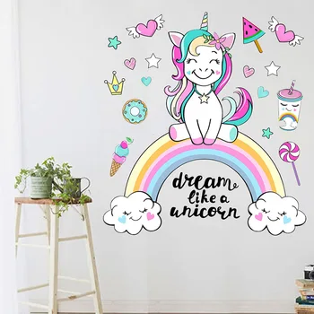 Farebné Dúha Unicorn Samolepky na Stenu Sen Ako Jednorožec Citát Wall Art Kotúča, Pre deti Izba Dievčatá Spálňa Škôlky Dekor