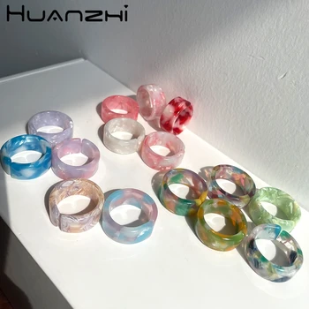 HUANZHI 2021 Nové Gradient Texture Kvitne Transparentné Minimalistický Farebné Akrylové Živice Otvorený Kruh Nastaviteľné Prstene pre Ženy