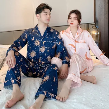 Nový pár pyžamo mesiac hviezdne nebo vzor domáce oblečenie s dlhým rukávom pyžamá pre ženy
