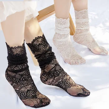 RMSWEETYIL Čipky Ponožky Ženy Úplnej Sexy Naberaný Oka Servítky Transparentná Sieťovina Čierna Biela Prehrabať Lolita Dámy Šaty Posádky Ponožky