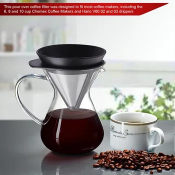 Umývateľný Rukoväť Nalejte Kávu Dripper Filter Kôš, LHS Reuable Kávové Filtre Premium Nehrdzavejúcej Ocele Kužeľ Bezpapierové Oka