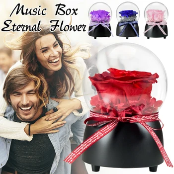 Večný Kvet Music Box Sklenenou Kupolou Ručné Konzervované Reálne Vzrástol Sklenený Kryt Nesmrteľný Kvety Valentín Svadobné Dary