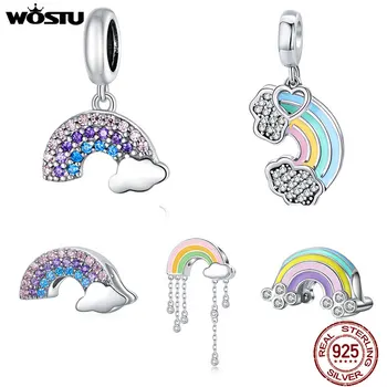WOSTU Rainbow Perličiek 925 Sterling Silver Kúzlo Farebné Zirkón Prívesok Fit Originálny Náramok, Náhrdelník DIY Šperky