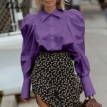 Ženy Módne Topy a Blúzky Celmia Bežné Kancelárske Lístkového Rukáv Košele Voľné Solid Farba Vintage Streetwear Blusas Tlačidlá Top 7